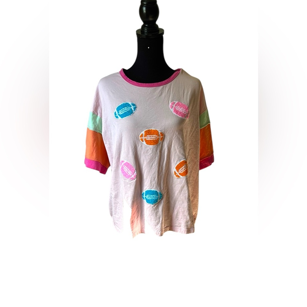 Pink and Blue Short Sleeve Tee with Cartoon Pattern